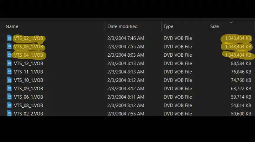 Lọc các file trong thư mục chứa các file của DVD theo Size giảm dần.