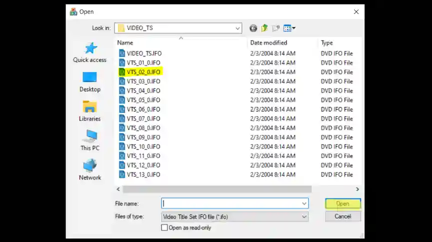Chọn file VTS_02_0.IFO và bấm Open.