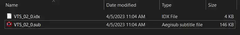 Thành quả sau khi tách là 2 hai file Vob subtitle .idx và .sub.