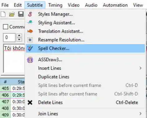 Mở Spell Checker... trong Aegisub.