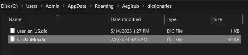 Sau khi paste vào thư mục dictionaries của thư mục Aegisub trong roaming.