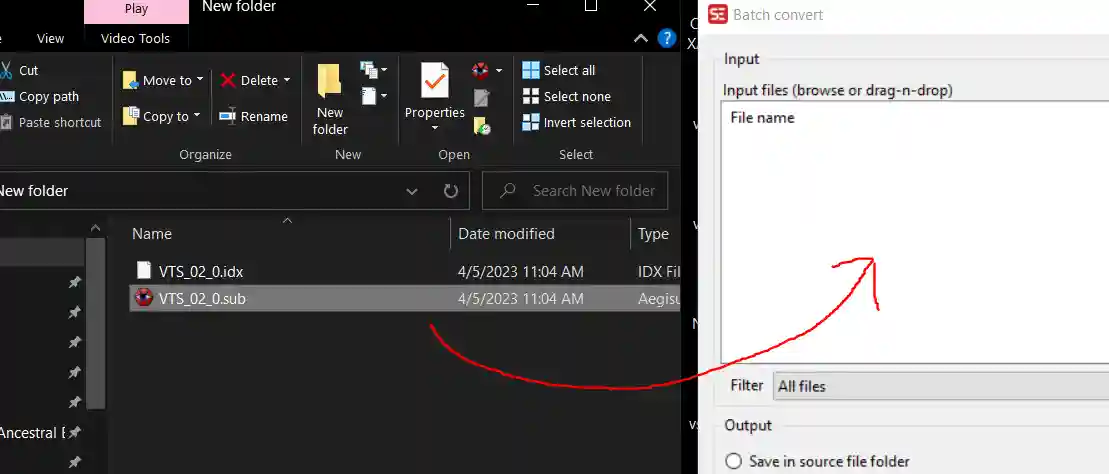 Click giữ chuột trái vào file VTS_02_0.sub và kéo thả vào Batch convert.