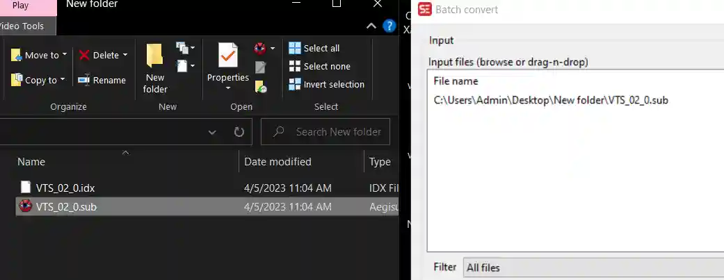 Click giữ chuột trái vào file VTS_02_0.sub và kéo thả vào Batch convert.