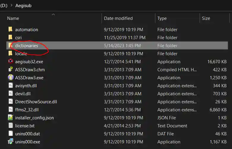 Mở thư mục dictionaries của thư mục cài Aegisub.